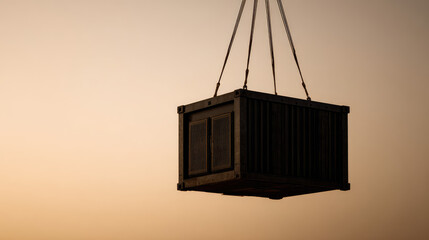 A large shipping container is suspended mid-air by cables. Industrial transport concept