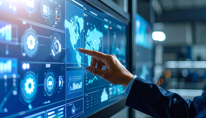 Digital Data Analytics: An expert interacts with a large digital display, his fingertip touching a map-based interface, highlighting the world of data and analysis in a cutting-edge environment.