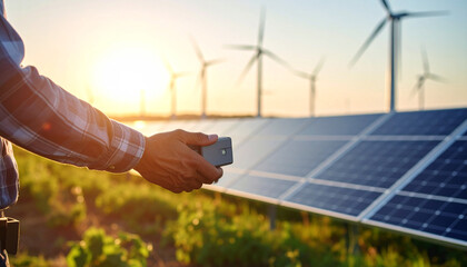 Sustainable Energy Vision: A person stands amidst solar panels and wind turbines at dusk, overseeing a renewable energy landscape, embracing a brighter, eco-conscious future. 