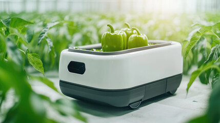 A small white robot carries three fresh green peppers among lush green plants in a greenhouse. Modern agriculture and technology integration