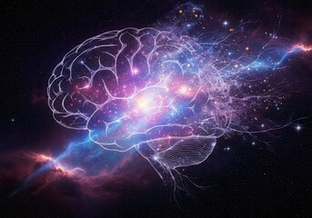 Obraz premium Human Brain in Space, Neural Network, AI, Galaxy, Universe, Mind, Consciousness, Cosmic, Stars, Nebula