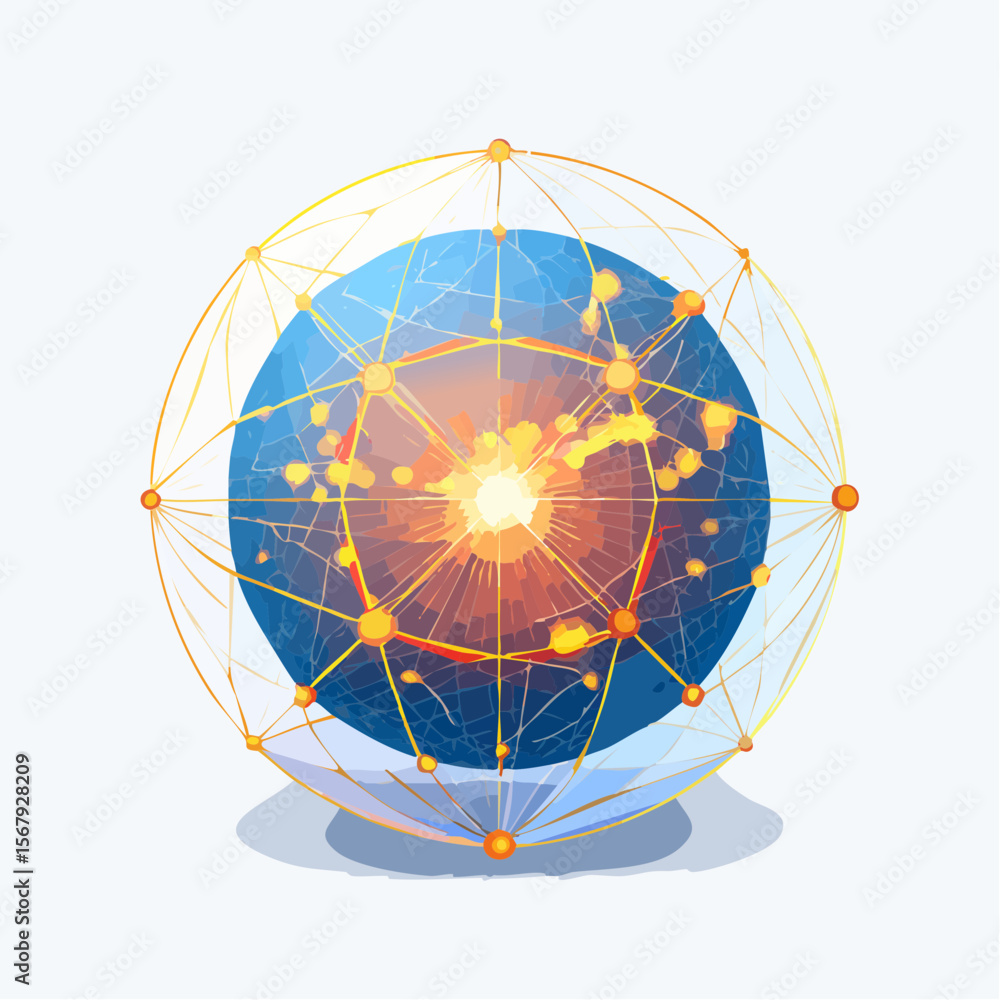 Poster abstract sphere with interconnected nodes and lines, radiating light from its core, set against a pl