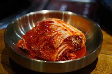 Close-up of Fresh Kimchi in Stainless Steel Bowl