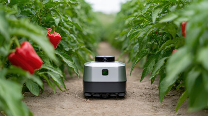 A robotic device is navigating between rows of green plants with red peppers growing. Modern agriculture and technology integration