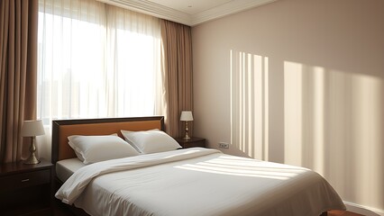 A serene hotel room bathed in morning light, with neatly made bed and sheer curtains.