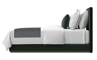A meticulously made bed, complete with a headboard, crisp white sheets, pillows, and a blanket