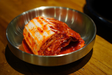 Close-up of Fresh Kimchi in Stainless Steel Bowl