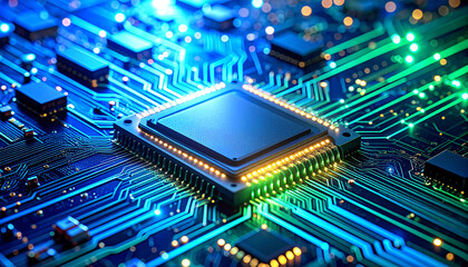 Technological Marvel: The heart of modern innovation is revealed in a detailed image of a computer chip, showcasing intricate circuits bathed in vibrant, high-tech lighting. 