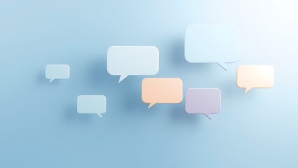 Modern feedback concept with floating speech bubble shapes on a soft gradient background.