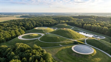 An expansive aerial view of a unique landscape art installation featuring grassy mounds with circular pathways and water features surrounded by lush green forests under a clear sky