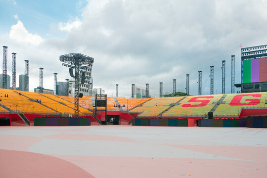 Singapore Jul04 2025 - Preparations at the Padang for the country's 60th National Day Parade. Grandstands are set with colourful seating ahead of the August celebrations.