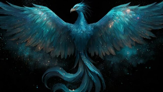A majestic, celestial phoenix with wings adorned with stardust