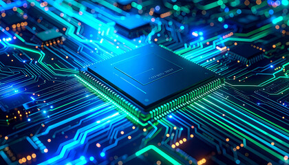 Obraz premium Illuminating Technology: A close-up of a computer chip, highlighting the intricate network of circuits and the flow of data, showcasing the core of modern technology.
