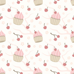 Seamless pattern with cherry cupcakes