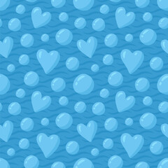 Seamless pattern with blue bubbles and hearts