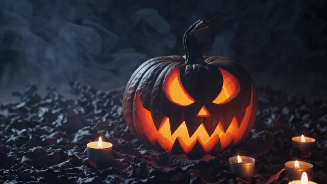 A glowing pumpkin with a sinister face sits amidst dead leaves in a dark and eerie setting, illuminated by surrounding candles