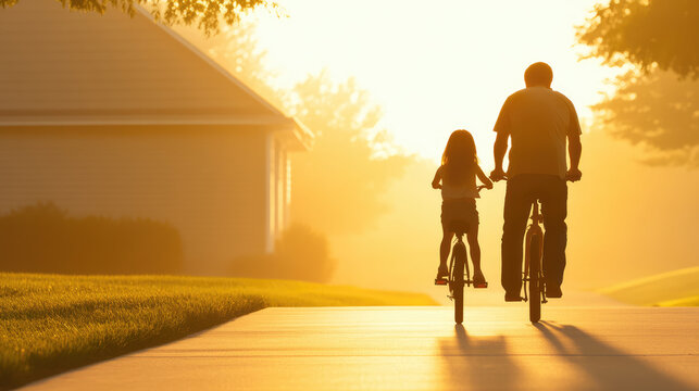 A man and a child are riding bicycles on a path during a warm sunset, casting long shadows. Family bonding, outdoor activity, and peaceful evening - Powered by Adobe