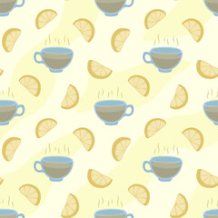 Seamless pattern with lemon slices and tea cups