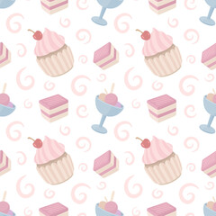 Pink seamless pattern with sweet desserts