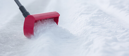 A red shovel is clearing snow off the ground. Winter snow removal concept