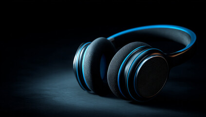 Naklejka premium Modern black headphones with blue accents dark background