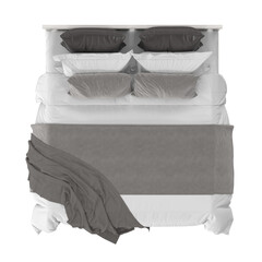 A meticulously made bed, featuring layers of soft pillows and a plush blanket, exuding comfort and...