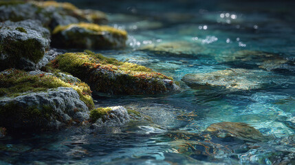 Tranquil water scene with moss-covered rocks reflecting sunlight in a serene natural environment