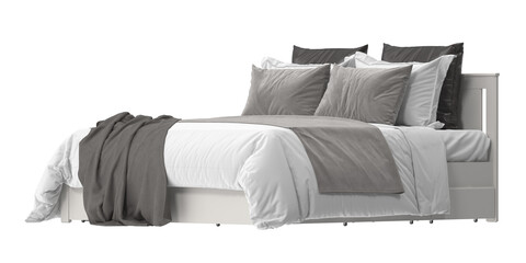 A modern bed featuring a pristine white comforter and stylish pillows, showcasing comfort and...