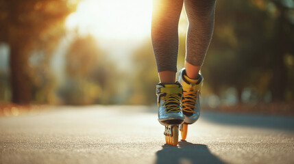Roller skater gliding on smooth pavement in a sunlit park with vibrant autumn foliage