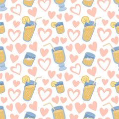 Seamless pattern with lemonade and pink hearts