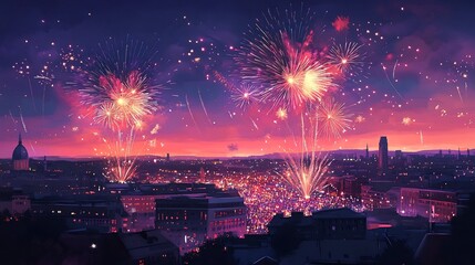 Fototapeta premium Dazzling Fireworks Display over Illuminated City Skyline at Night