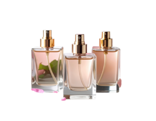 Perfume Bottles on Gray Marble Surface with Pink Roses, isolated on transparent background.