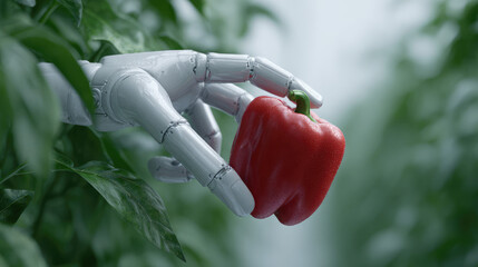 A robotic hand holds a red bell pepper among green leaves. Technology and agriculture integration