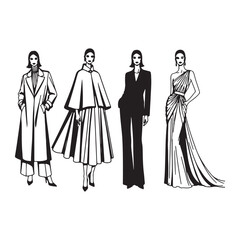 Four Fashionable Women Black and White Illustrations Stylish Clothing Designs Elegant Coats Suits Dresses Cape