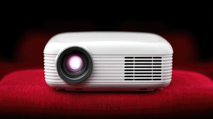 White projector sits on a red surface, emitting bright light from its lens. Concept: technology, presentation, electronics