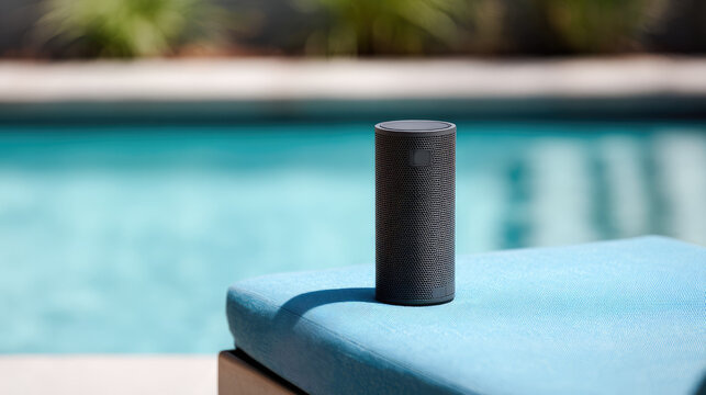 A cylindrical speaker is placed on a blue cushion near a swimming pool. Summer relaxation, outdoor technology