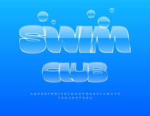 Vector Modern icon Swim Club. Crystal style Font. Glass Alphabet Letters and Numbers set.