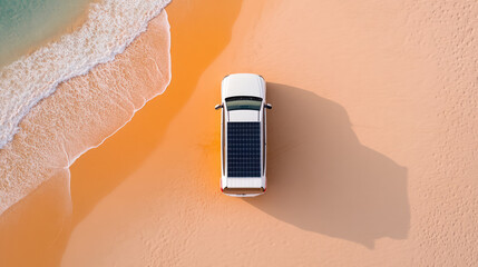 A car with solar panels on its roof is parked on a sandy beach near the shoreline. Sustainable travel concept, nature and technology blend