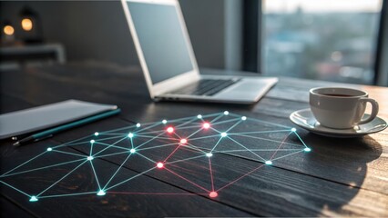 A digital network visualization overlayed on a desk with a laptop and coffee cup representing data connections and analysis