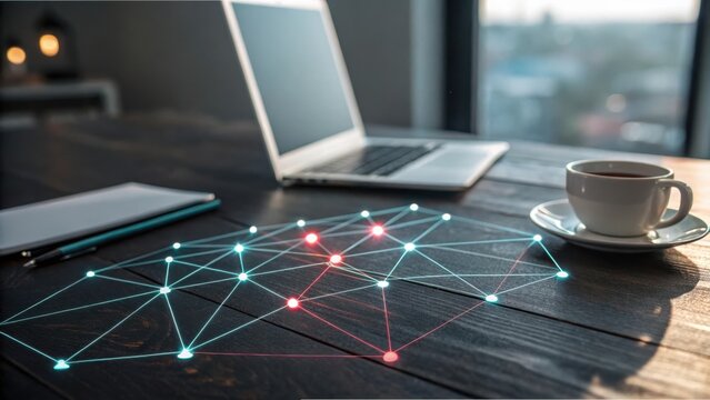 A digital network visualization overlayed on a desk with a laptop and coffee cup representing data connections and analysis