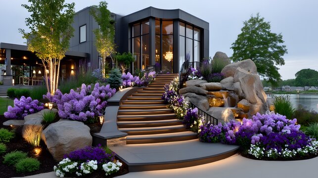 Garden staircase wrapped in purple flowers high resolution photo - Powered by Adobe