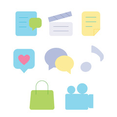 Creative digital icons representing communication, media, and shopping concepts in vibrant colors