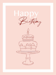 Minimalist birthday card with hand-drawn cake and “Happy Birthday” text. Elegant line art style on soft pink background. Perfect for greeting cards, party invites, and printables.