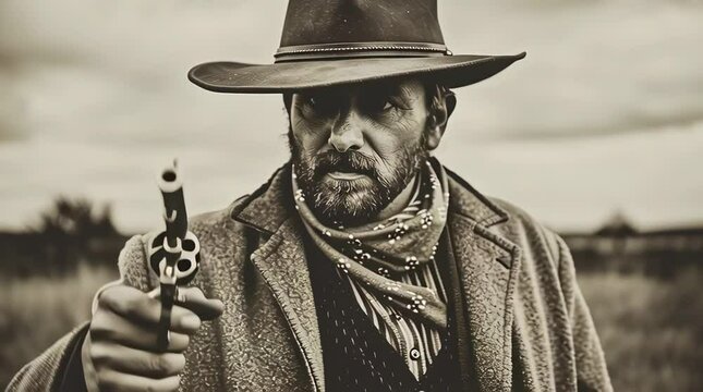 old worn vintage sepia toned polaroid photo of cowboy outlaw gunslinger pointing revolver at camera	
