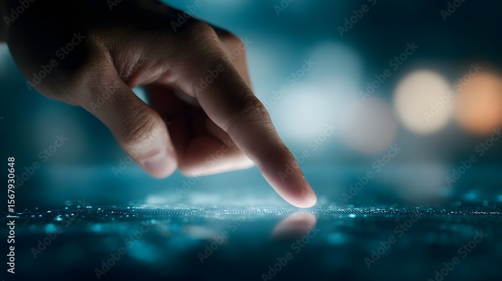Poster hand pinching to zoom floating analytics data in high tech workspace