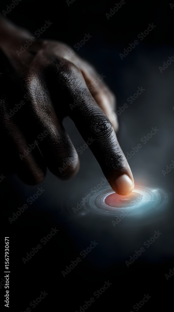 Poster hand interacting with a holographic data visualization interface