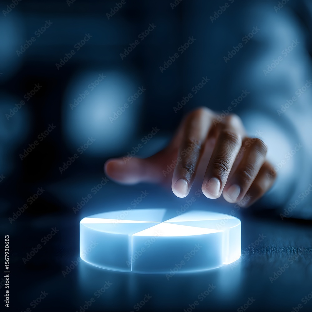 Poster hand navigating a holographic pie chart in a modern office setting