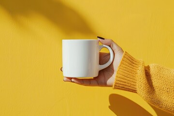 Pixel Perfect Picture of Female Hand Holding a Coffee Mug Isolated on Yellow Background
