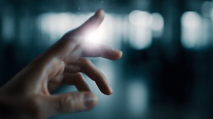 A hand interacting with a futuristic hologram in a dark office setting