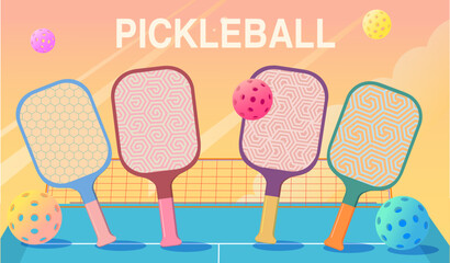 Colorful cartoon illustration of four pickleball paddles with geometric patterns standing on a court with balls flying around, a vibrant pink and yellow sky